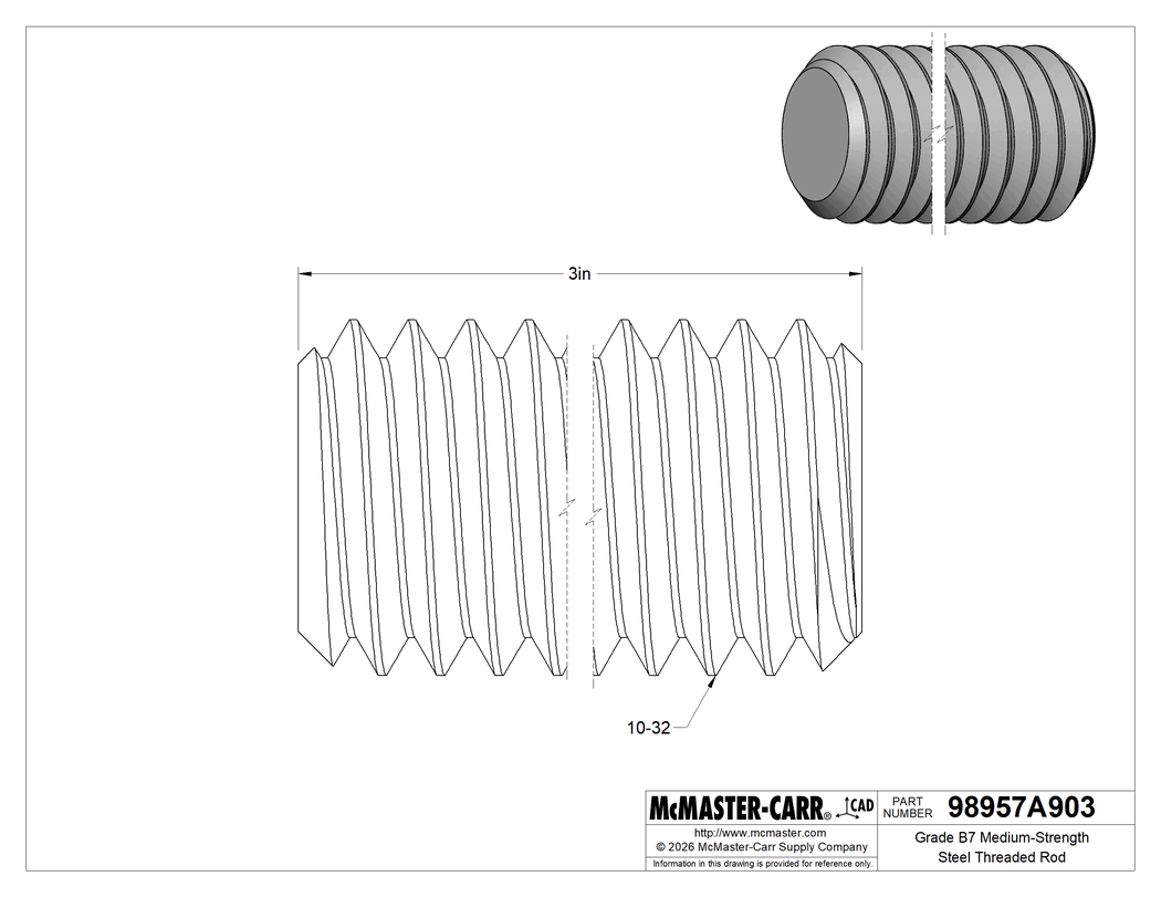 Technical Drawing of Grade B7 Medium-Strength Steel Threaded Rod, 10-32 Thread Size, 3" Long.